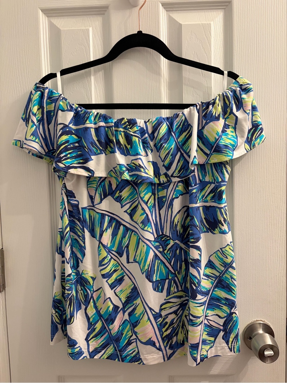 Tori Richard Modal Cotton Off-Shoulder Top with Tropical Leaf Print Small